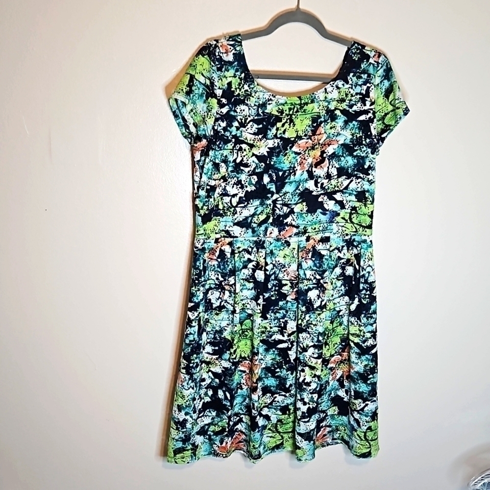 Ronni Nicole Floral Fit and Flare Dress Blue Green White